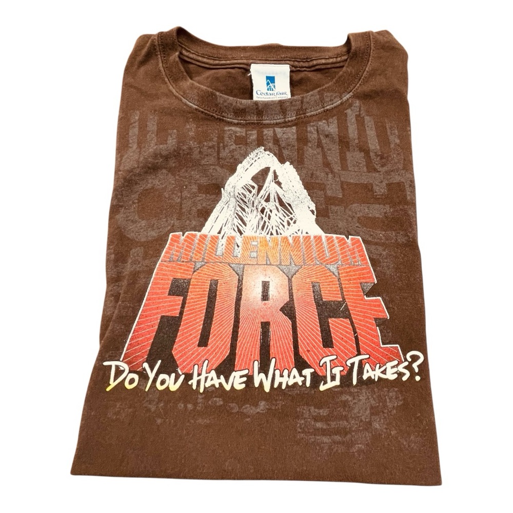 VINTAGE Brown Cedar Point Millenium Force T Shirt Sz 3X Roller Coaster Retro Y2K
